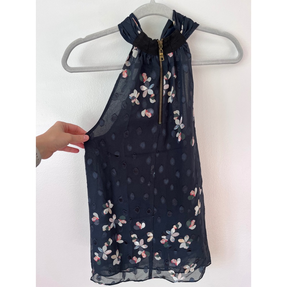 AQUA Navy Floral Print Hi Neck Zip Back Sleeveless Top Women's Size S - Picture 4 of 4